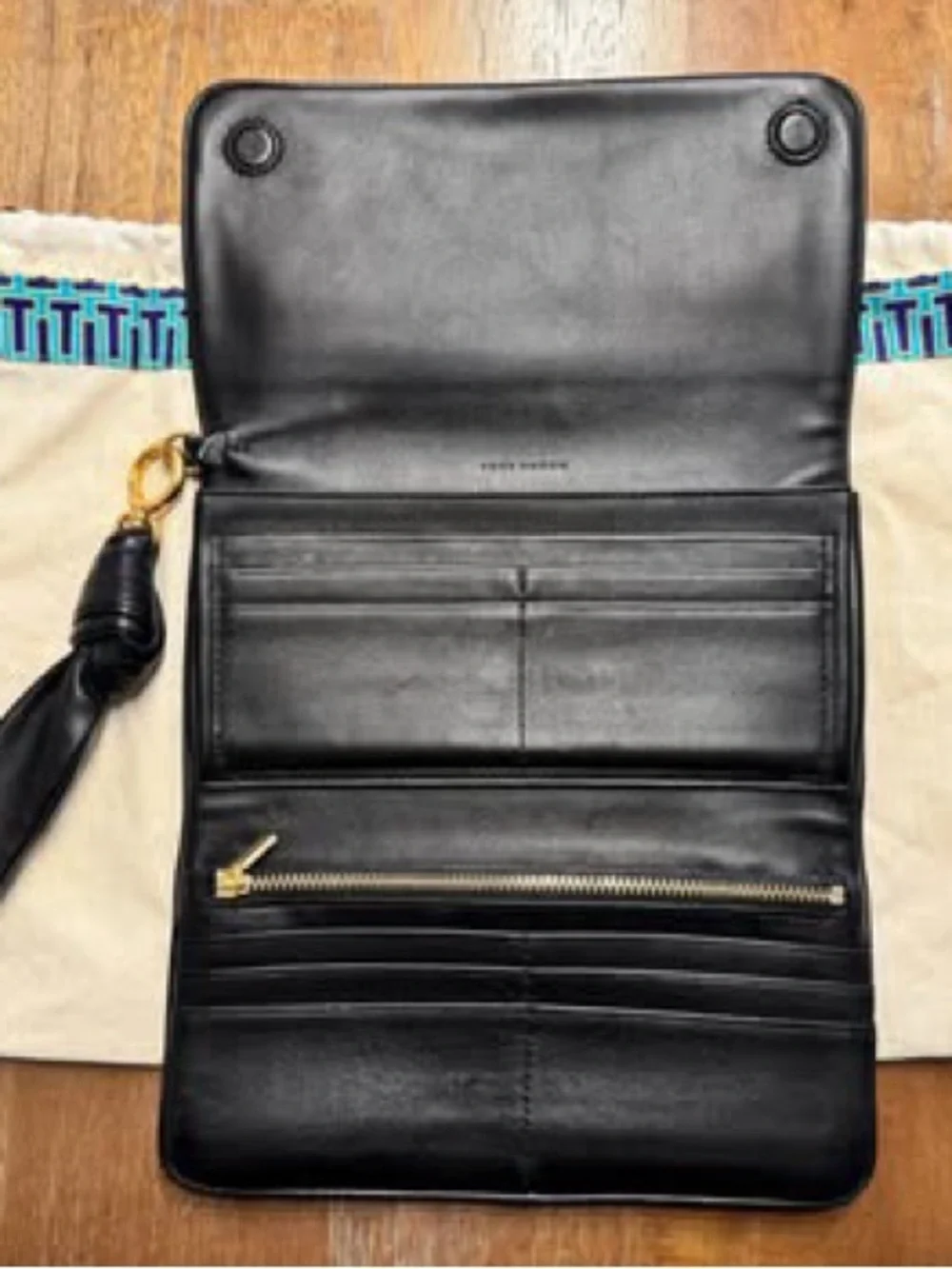 Tory Burch Black Leather Wristlet with Tassel and Gold-Tone Hardware